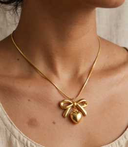 Gold Plated Bow Heart Pendant Necklace
