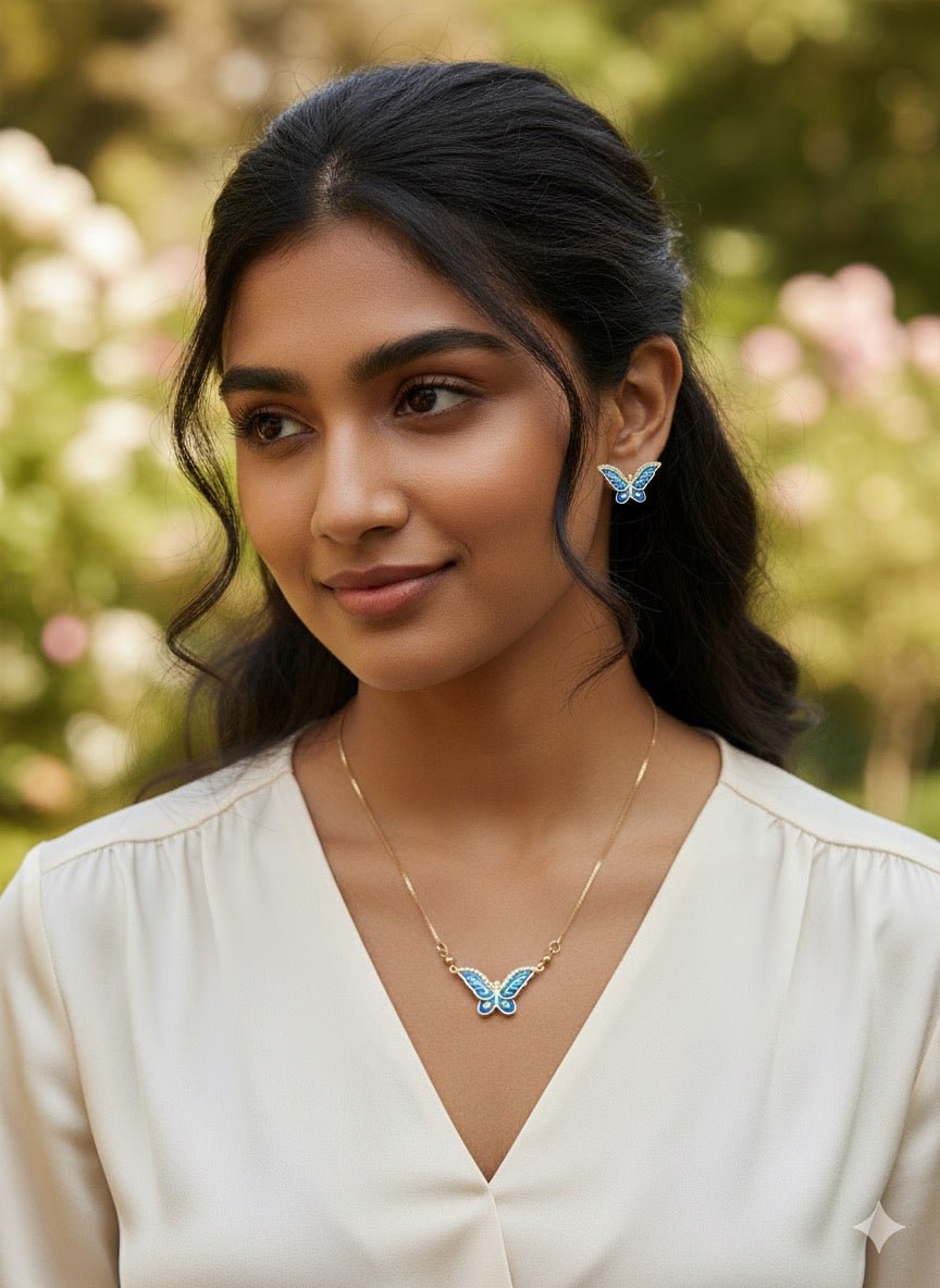Woman wearing Dainty Blue enamel butterfly necklace - CharmsCrafted