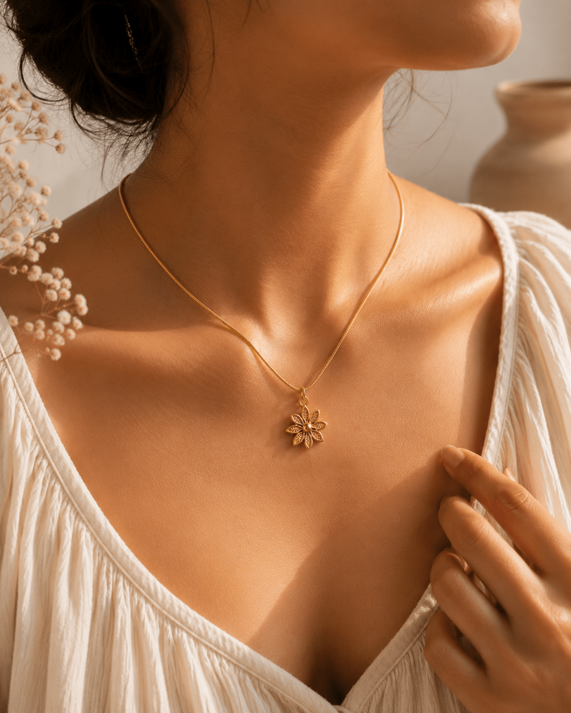 Woman wearing Gold Plated Vintage Floral Sunburst Pendant Necklace - CharmsCrafted