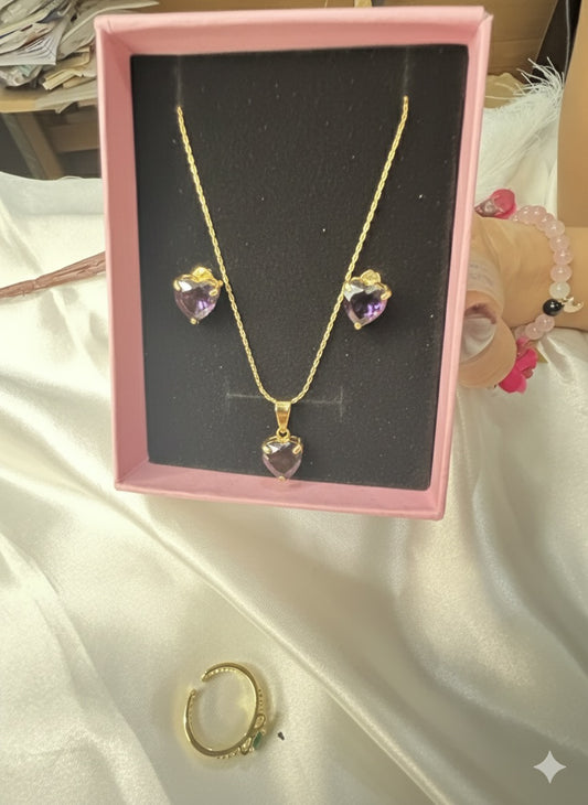 Amethyst Heart Necklace & Earring Set