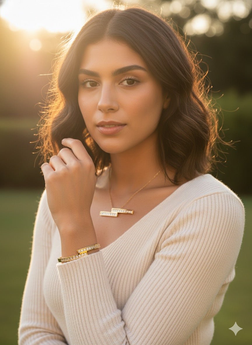Woman wearing dual studded bracelet, everyday styling - CharmsCrafted