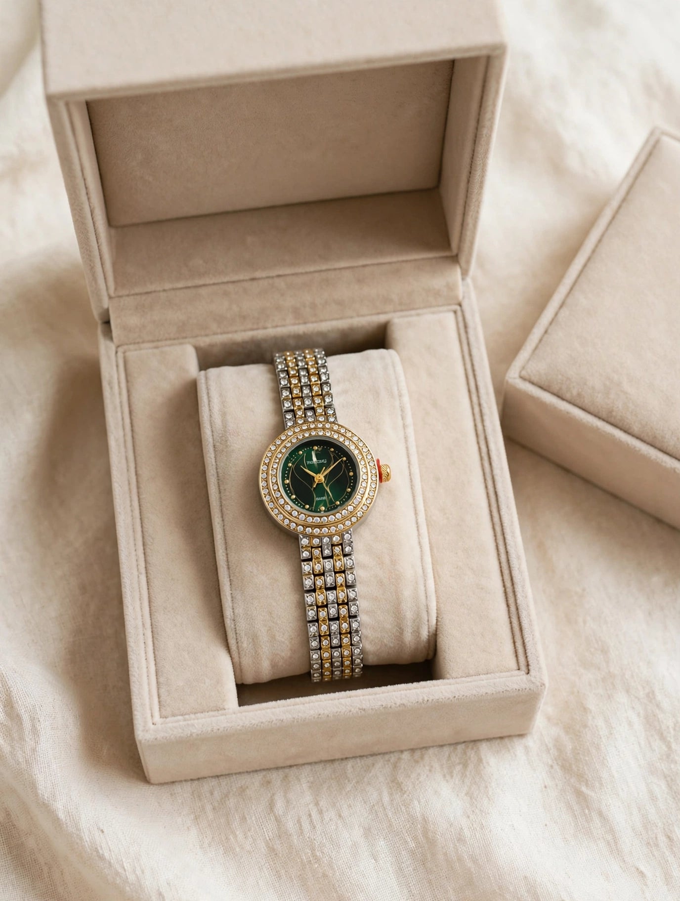 Emerald Aura — Two-Tone Diamond Studded Bracelet Watch with Green Dial packaging by charms crafted