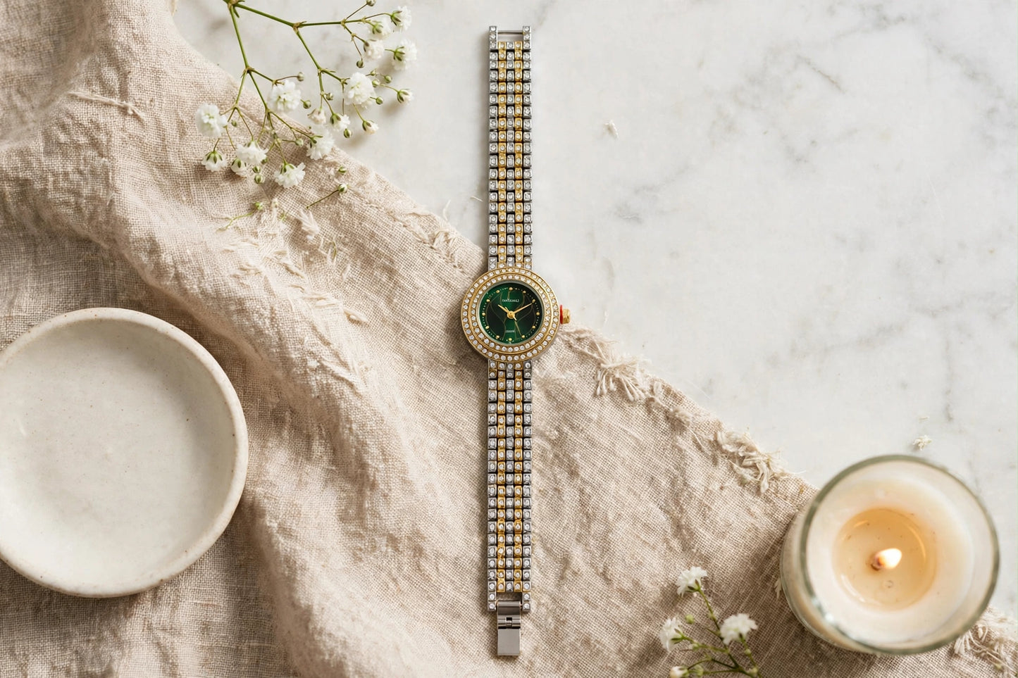 Emerald Aura — Two-Tone Diamond Studded Bracelet Watch with Green Dial flat lay