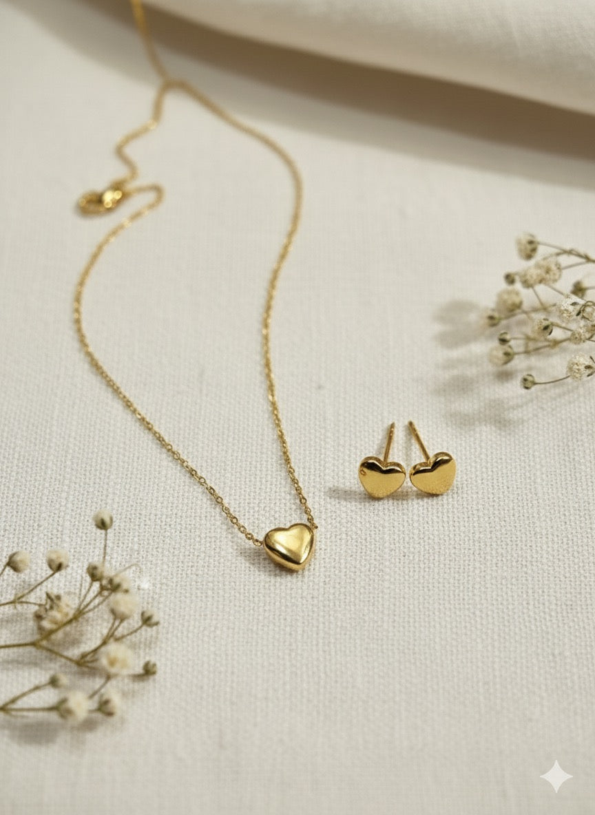 Golden Heart Dainty Necklace & Stud Earring Set