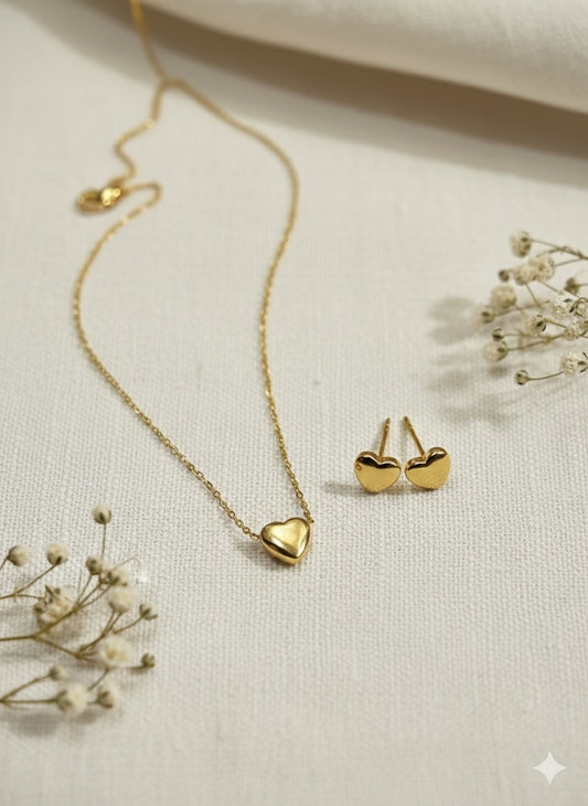 Golden Heart Dainty Necklace & Stud Earring Set