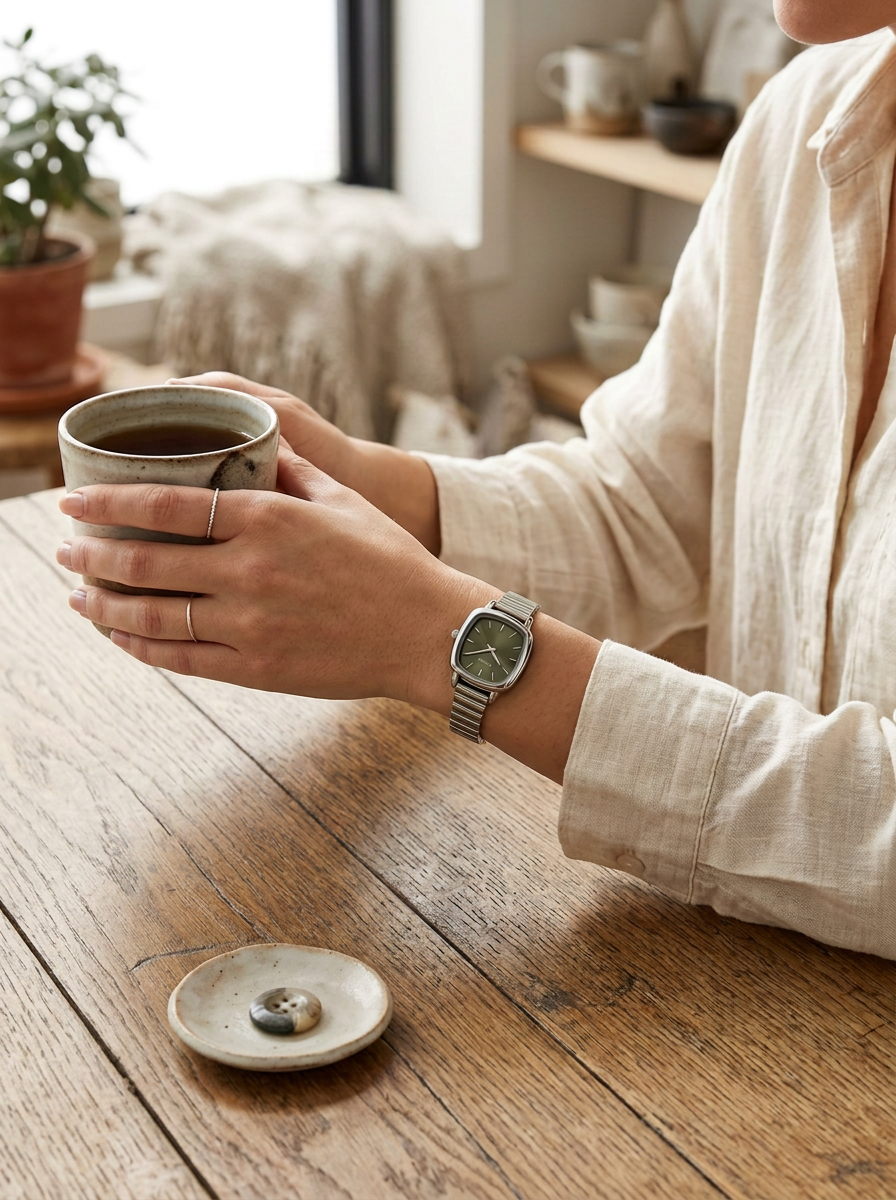 Woman wearing silver square watch, everyday styling