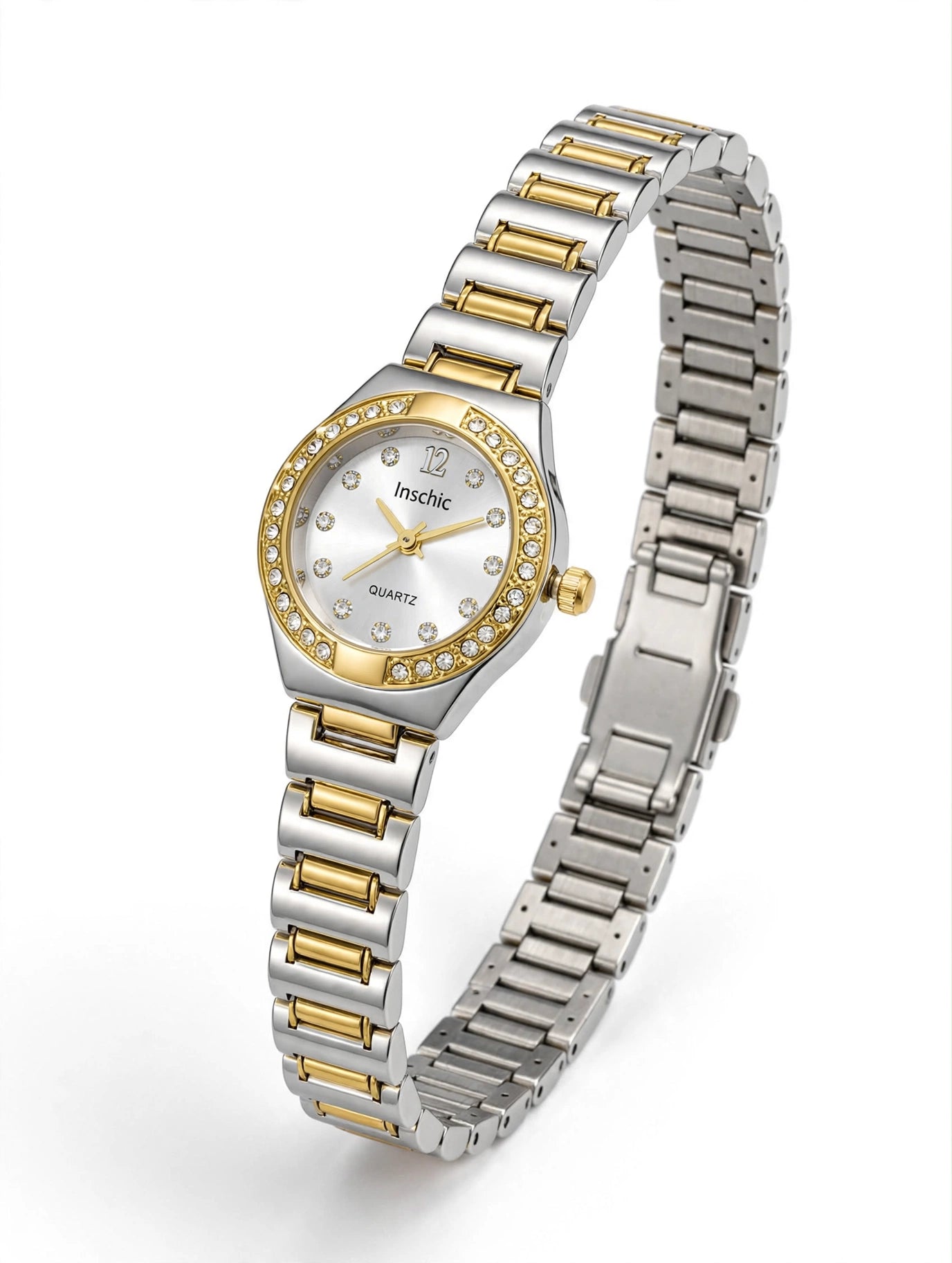 White Dial Two Tone Gold Silver Crystal Stainless Steel Wrist Watch- Charms Crafted