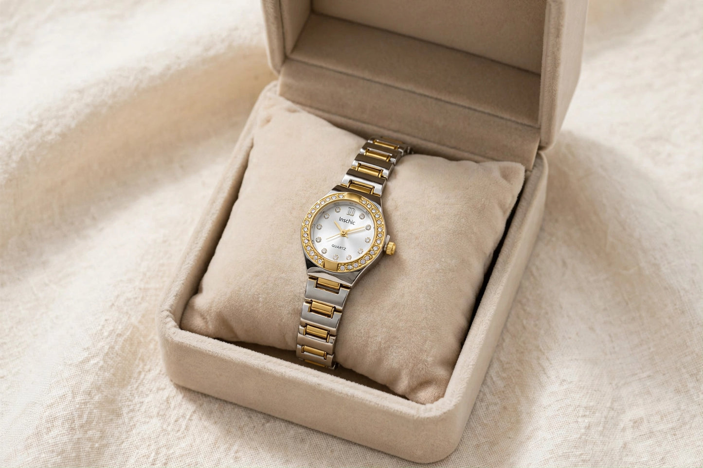 White Dial Two Tone Gold Silver Crystal Stainless Steel Wrist Watch packaging by Charms Crafted