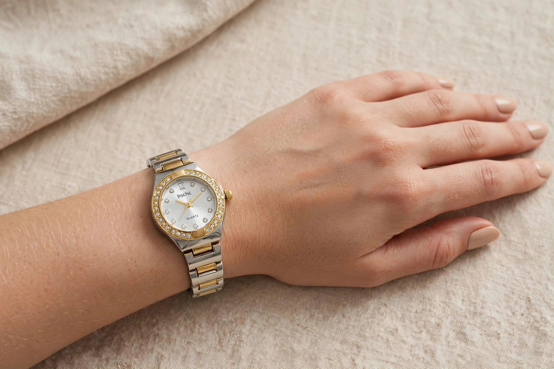 woman wearing White Dial Two Tone Gold Silver Crystal Stainless Steel Wrist Watch