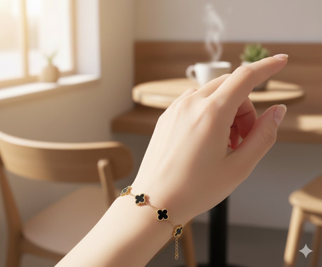 Woman wearing Black clover bracelet - CharmsCrafted