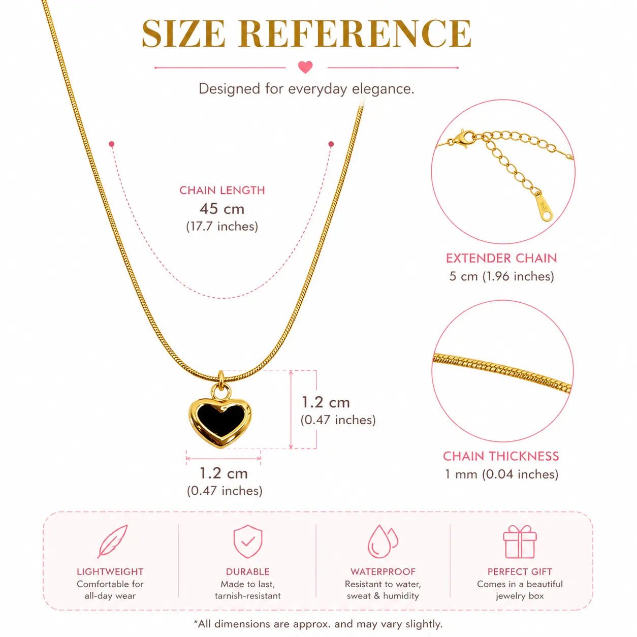Black Heart Necklace - size and chain length reference CharmsCrafted