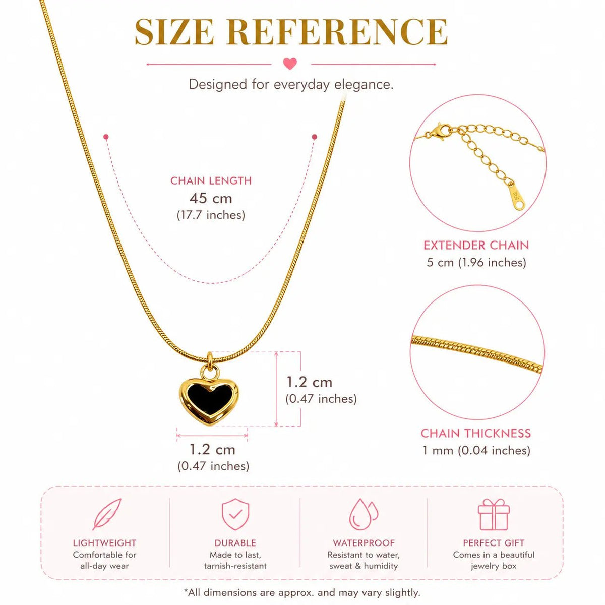 Black Heart Necklace - size and chain length reference CharmsCrafted