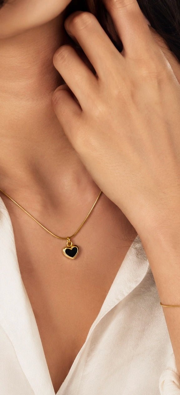 Woman wearing Black Heart Necklace - CharmsCrafted