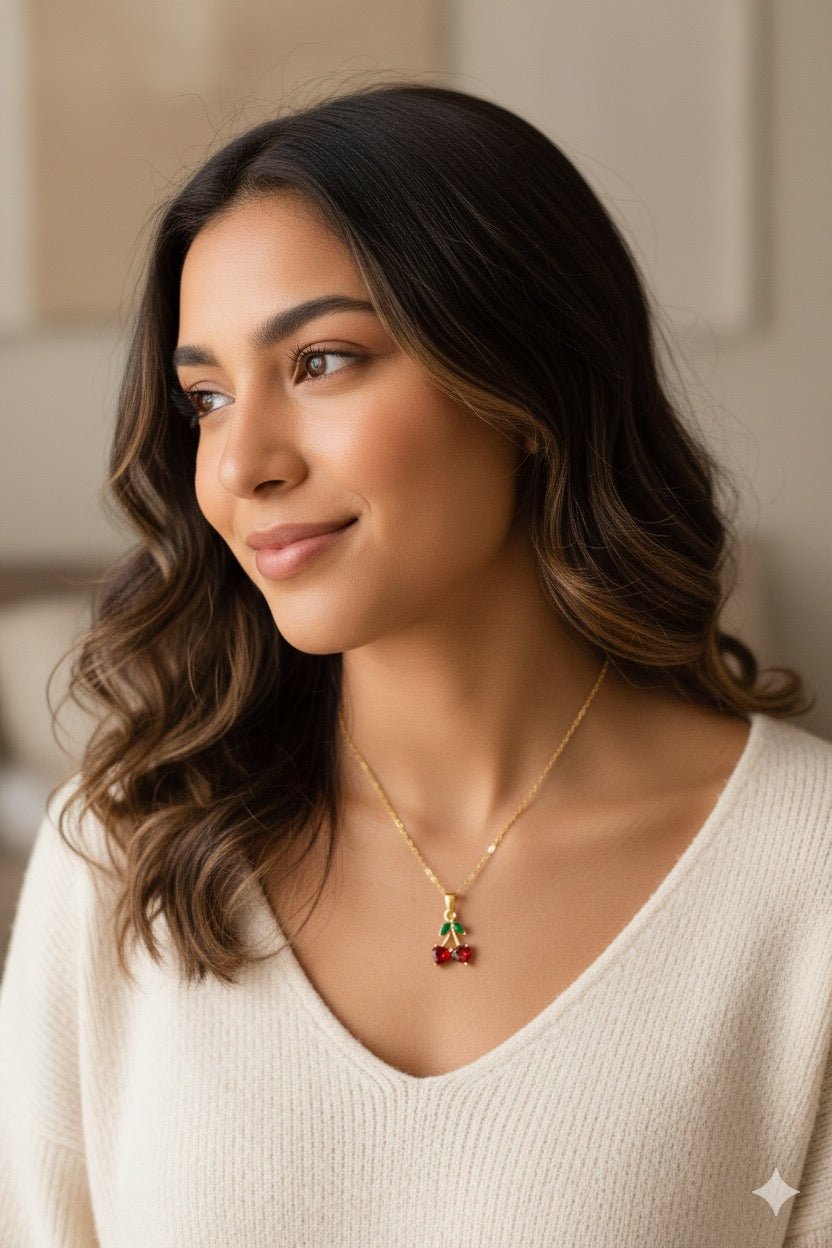 Woman wearing Cherry charm necklace - CharmsCrafted
