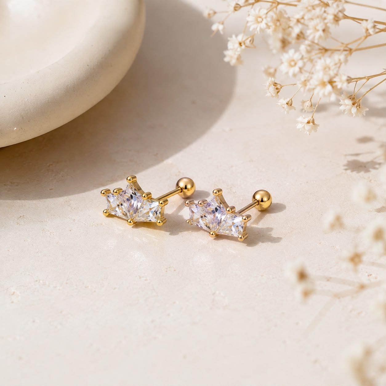 Crown Crystal Flat Back Stud Earrings – Gold-Plated Statement Studs - CharmsCrafted