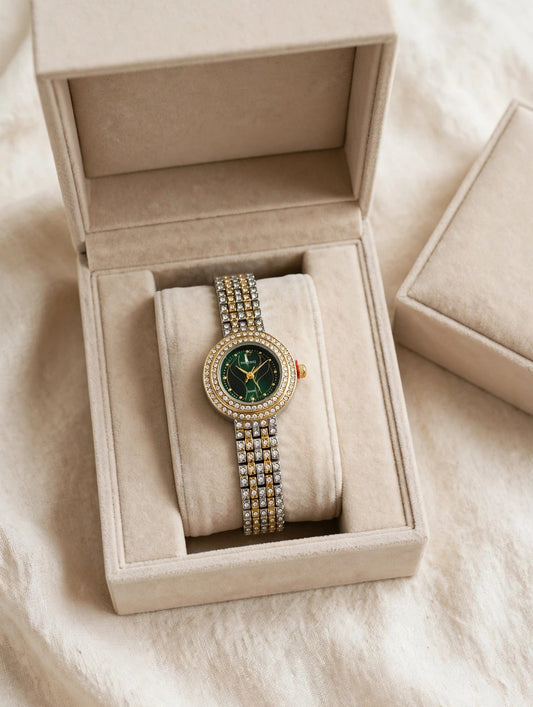 Emerald Aura — Two-Tone Diamond Studded Bracelet Watch with Green Dial - CharmsCrafted