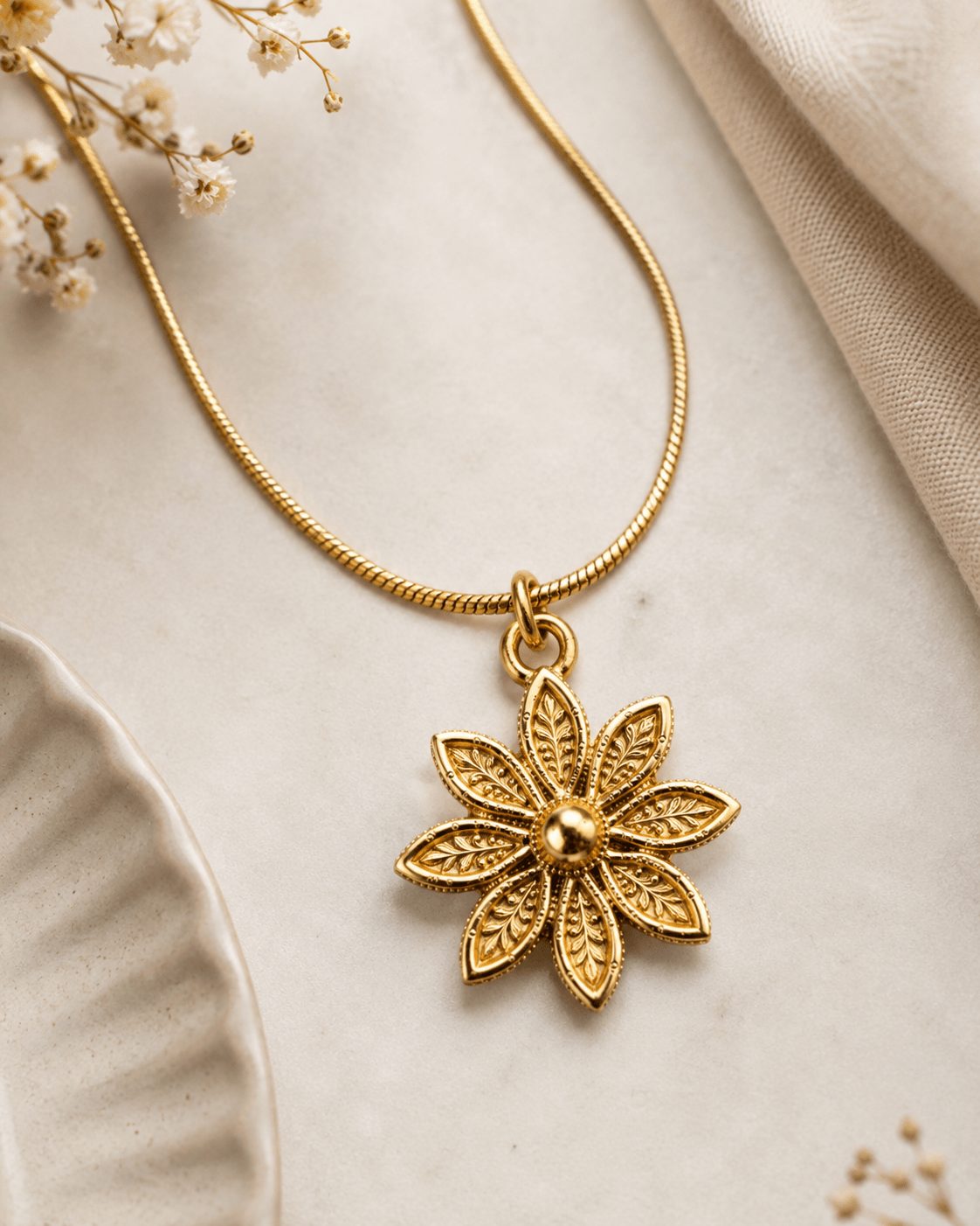 Gold Plated Vintage Floral Sunburst Pendant Necklace - CharmsCrafted