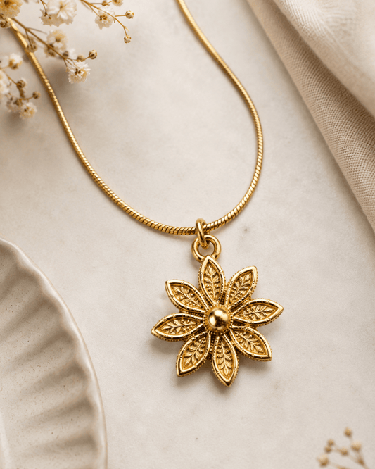 Gold Plated Vintage Floral Sunburst Pendant Necklace - CharmsCrafted