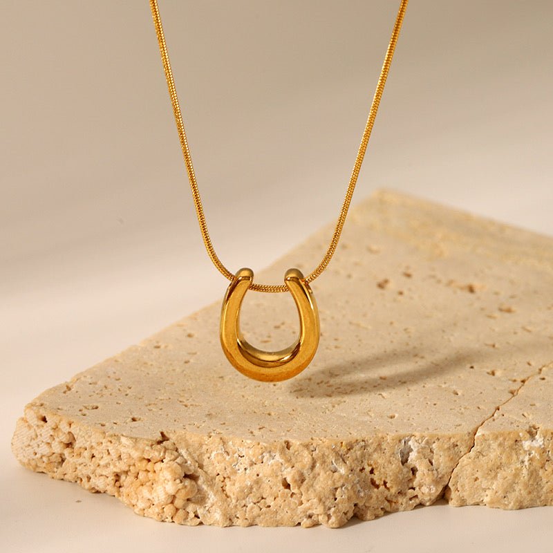 Close up of Golden Aura – U shaped 14k gold tone Pendant Necklace - CharmsCrafted