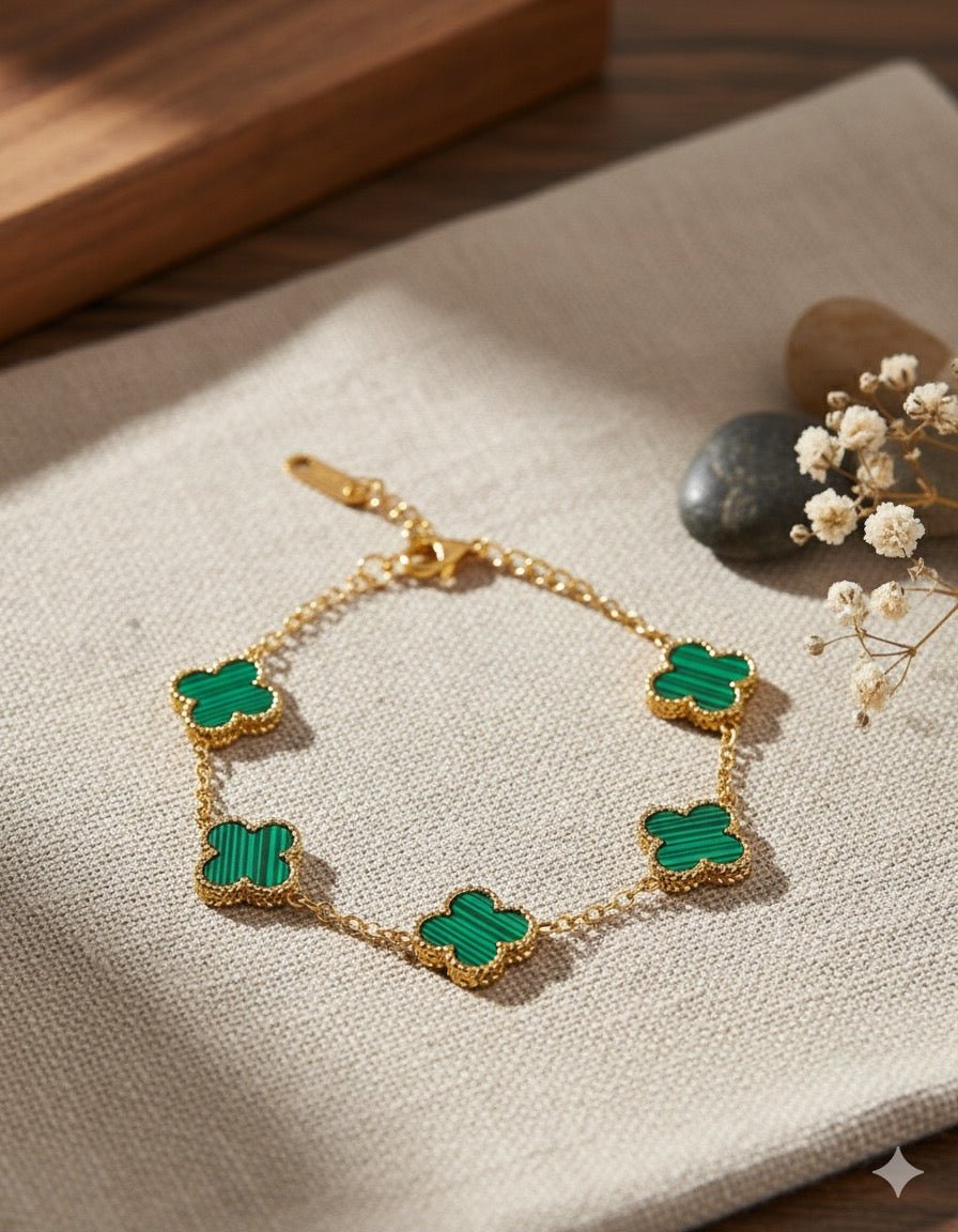 Flat lay of Green clover bracelet - CharmsCrafted