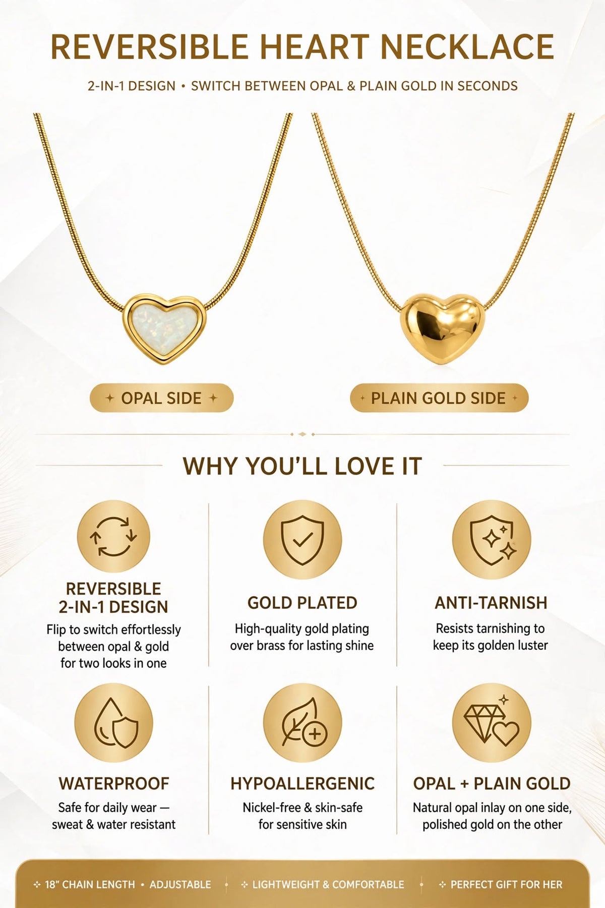Heart Opal Necklace – Gold Plated Anti-Tarnish Pendant - CharmsCrafted