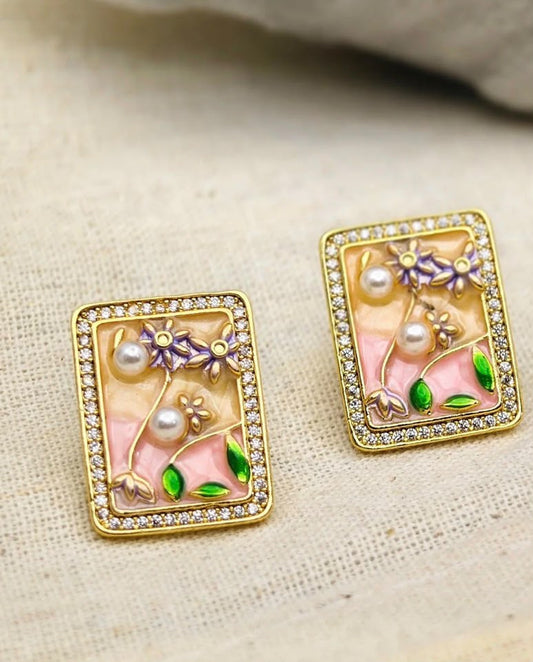 Pearl Engraved Studs - Gold Plated Anti-Tarnish Earrings - CharmsCrafted