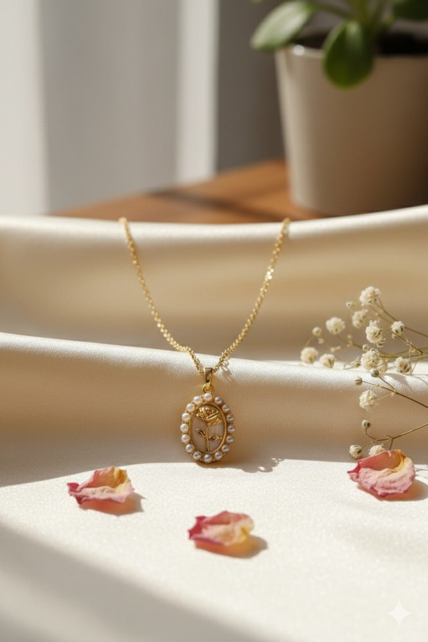 Flat lay of Rose pearl Beaded Necklace - CharmsCrafted