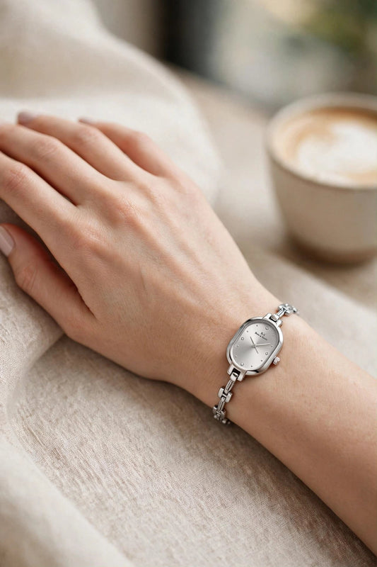 Silver Aura Oval Watch - Minimalist Jewelry Watch for Women - CharmsCrafted
