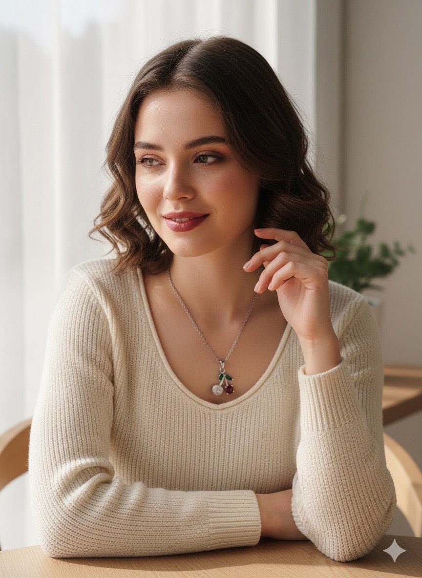 Woman wearing Silver Cherry studded necklace - CharmsCrafted