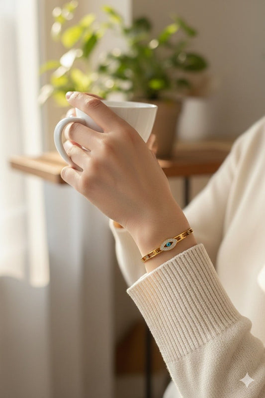 Woman wearing Studded Evil Eye bracelet - CharmsCrafted